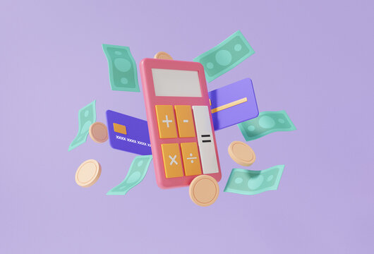 Mathematic learning financial education concept. Calculator and coins, banknote floating with budget money management, Cost saving concept. 3d render. illustration