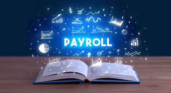 Business inscription coming out from an open book