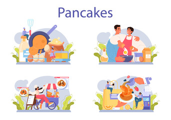 Pancake set. Tasty pancake for breakfast with berry and maple syrup,