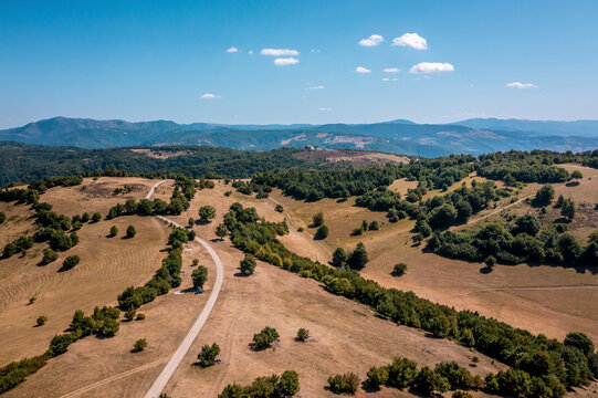 Aerial view of a road crossing the countryside near Zenica, Bosnia and Herzegovina.