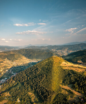 Aerial view of the hills at sunset near Visoko, Bosnia and Herzegovina.
