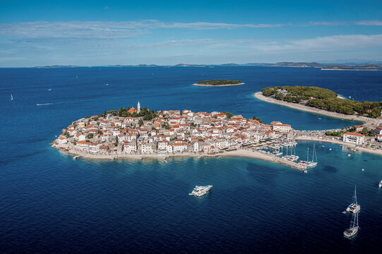 Aerial view of Primosten, a small town along the coast in Croatia.