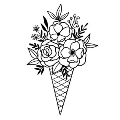 Floral bouquet in waffle cone ice cream. Silhouette Floral Ice Cream. Outline drawing. Line vector illustration. Isolated on white background. Good for posters, t shirts, postcards.