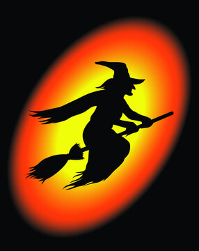 Witch flying on magical broomstick with bright background. Halloween Witch or magical lady.