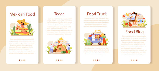 Tacos mobile application banner set. Traditional mexican fast-food