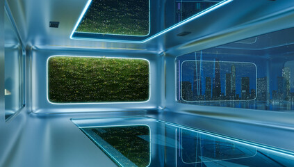Modern futuristic interior office design with green wall plant