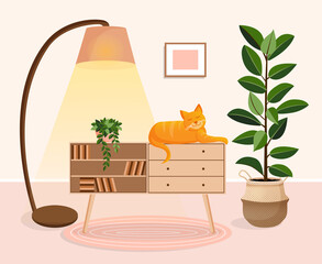 Cute ginger cat sits on a chest of drawers. Living room interior with animal, ficus, lamp and home decor. Vector illustration of a room without people.