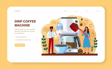 Coffee machine web banner or landing page. Barista making a cup of hot coffee.