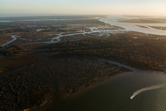 Aerial View Of Pinckney Island National Wildlife Refuge At Sunset, South Carolina, United States.