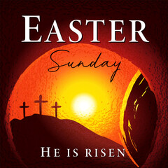 Easter Sunday - He is risen, tomb and Calvary morning. Holy week greeting card with typography and cave with tomb on background. Vector illustration