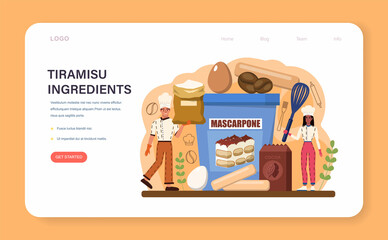 Tiramisu dessert web banner or landing page. People cooking delicious