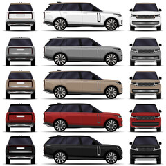 realistic SUV cars set. side view, front view, back view.