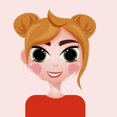 girl with red hair, funny hairstyle, big eyes 