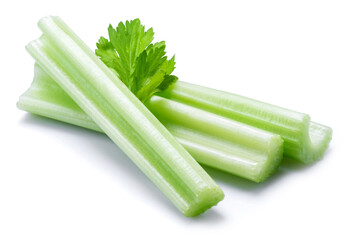 Pile of celery ribs isolated on white background.