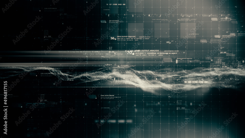 Aufkleber Futuristic abstract de-focus flowing data matrix, telemetry and encrypt numbers display with particles simulation for head up display in cyber space environment background