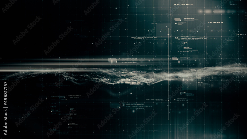 Aufkleber Futuristic abstract de-focus flowing data matrix, telemetry and encrypt numbers display with particles simulation for head up display in cyber space environment background