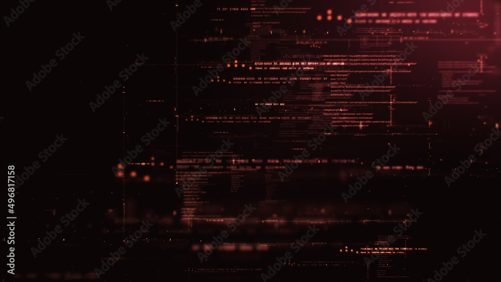 Fototapete Futuristic abstract de-focus flowing data matrix, telemetry and encrypt numbers display with particles simulation for head up display in cyber space environment background