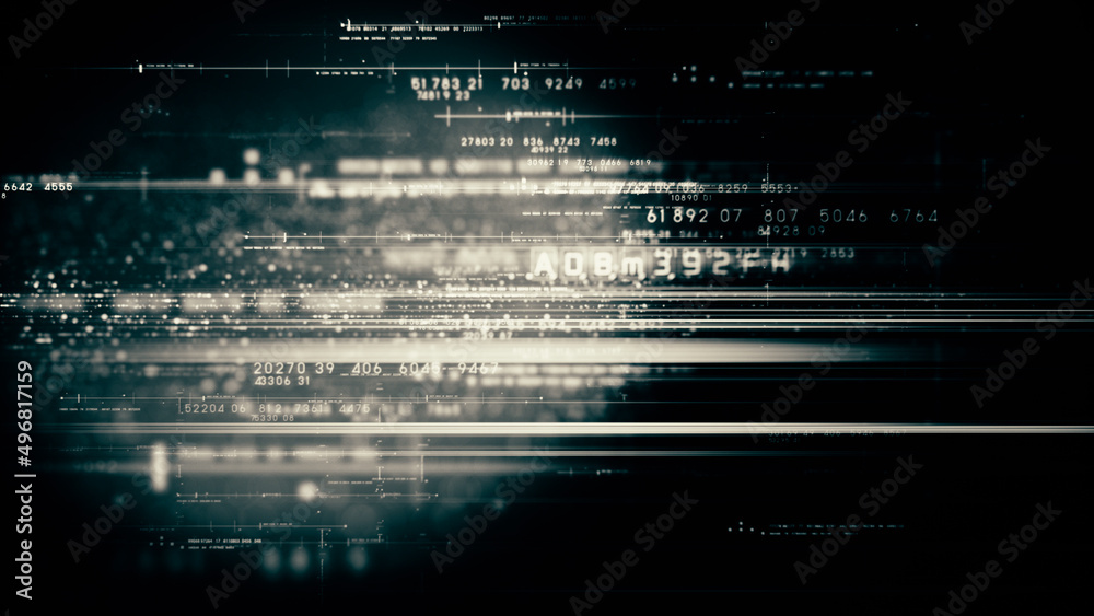 Poster Futuristic abstract de-focus flowing data matrix, telemetry and encrypt numbers display with particles simulation for head up display in cyber space environment background