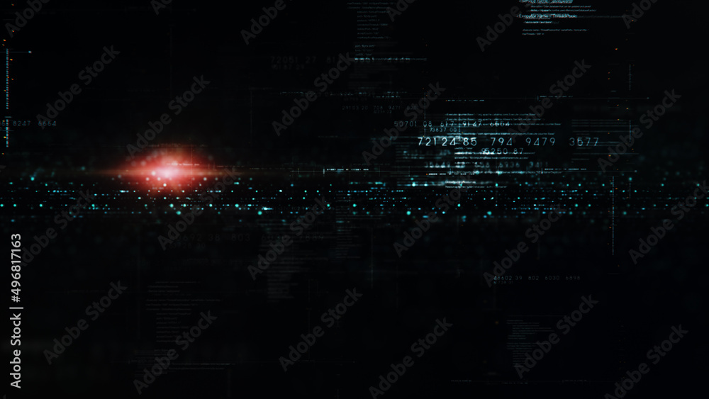 Aufkleber Futuristic abstract de-focus flowing data matrix, telemetry and encrypt numbers display with particles simulation for head up display in cyber space environment background