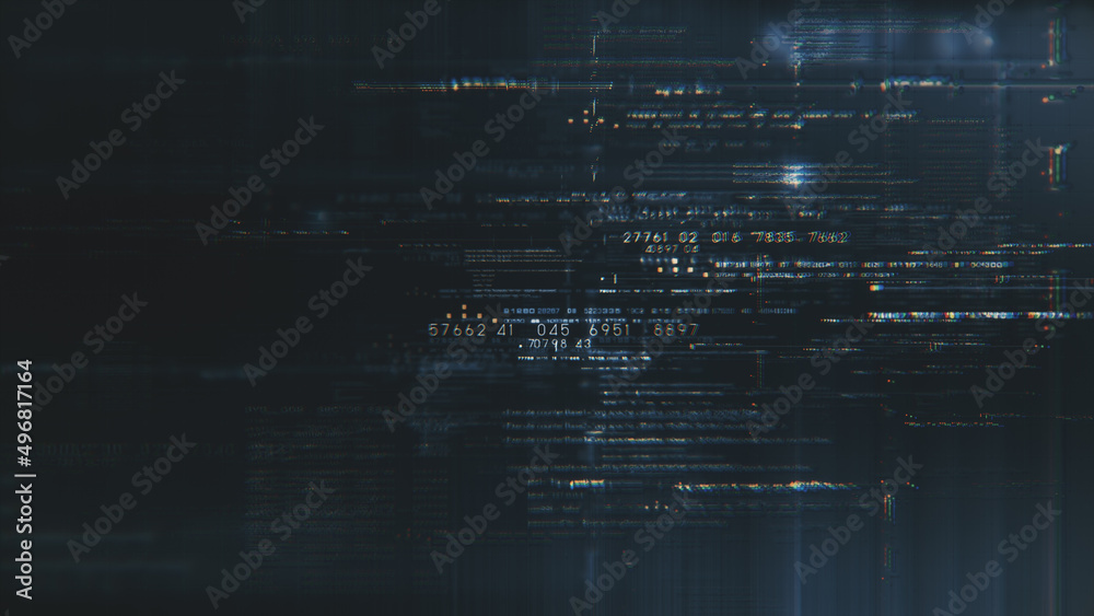 Aufkleber Futuristic abstract de-focus flowing data matrix, telemetry and encrypt numbers display with particles simulation for head up display in cyber space environment background