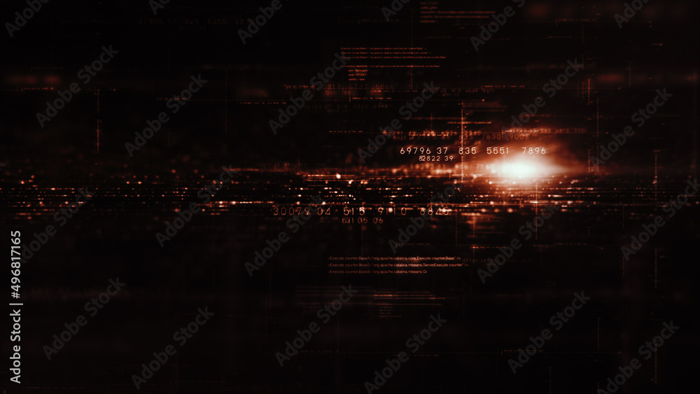 Aufkleber Futuristic abstract de-focus flowing data matrix, telemetry and encrypt numbers display with particles simulation for head up display in cyber space environment background