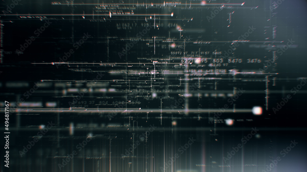 Poster Futuristic abstract de-focus flowing data matrix, telemetry and encrypt numbers display with particles simulation for head up display in cyber space environment background