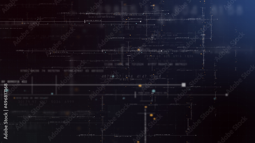 Poster Futuristic abstract de-focus flowing data matrix, telemetry and encrypt numbers display with particles simulation for head up display in cyber space environment background
