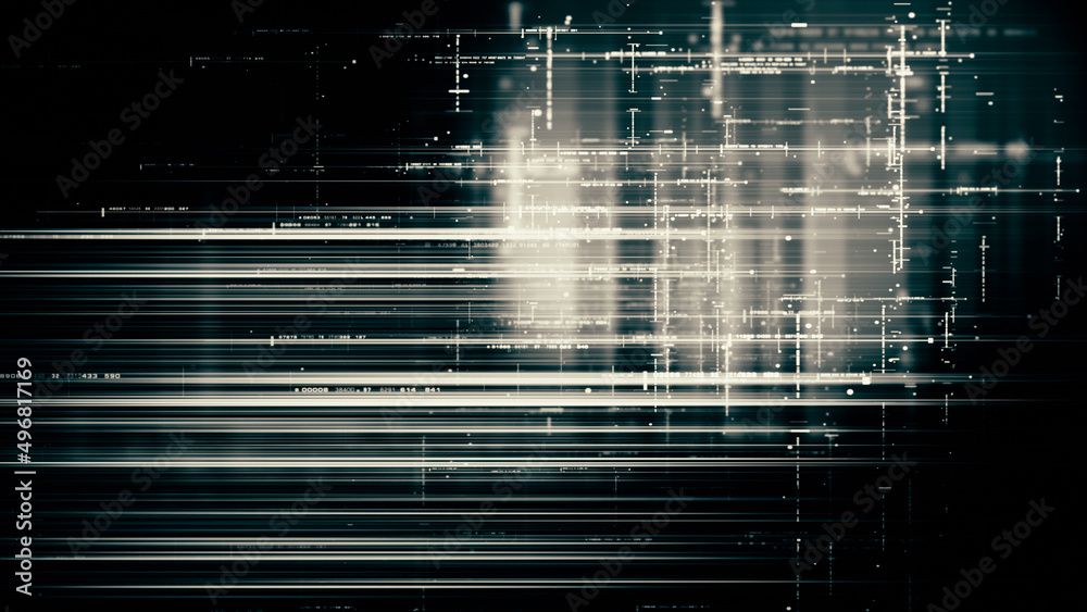 Poster Futuristic abstract de-focus flowing data matrix, telemetry and encrypt numbers display with particles simulation for head up display in cyber space environment background