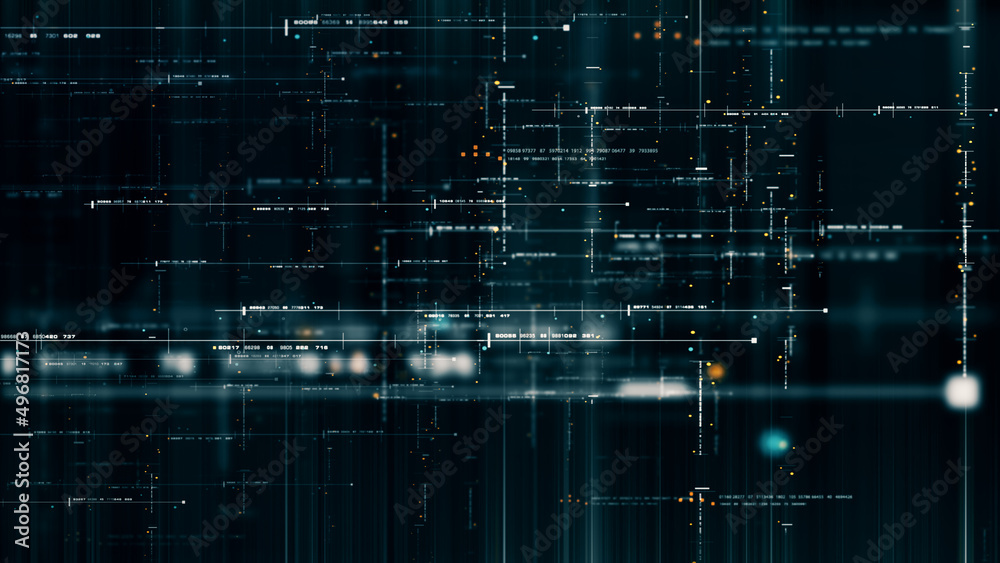 Poster Futuristic abstract de-focus flowing data matrix, telemetry and encrypt numbers display with particles simulation for head up display in cyber space environment background