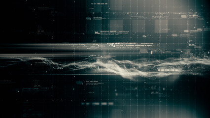 Futuristic abstract de-focus flowing data matrix, telemetry and encrypt numbers display with particles simulation for head up display in cyber space environment background