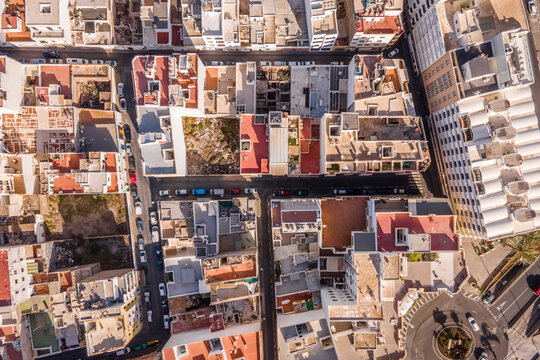 Aerial top down view of rooftop in Arrecife residential district, Lanzarote, Canary Islands, Spain.