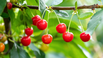 Red ripe cherries on a tree close up