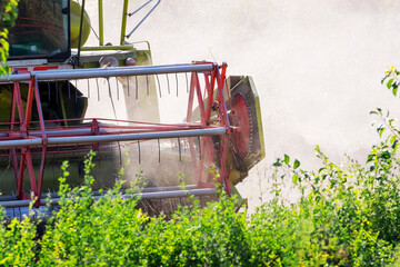 The combine in the field threshes the wheat crop. Combine harvester close up