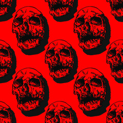 Black skull on red background, seamless pattern, texture for fabric design, wallpaper and tile, vector illustration