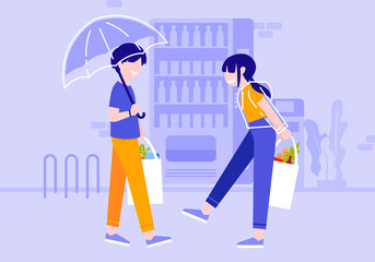 Couple of young man and woman shopping with packages in grocery bag, Flat design people vector illustration