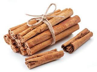 Cinnamon dried bark strips, sweet-smelling brown substance used in cooking, isolated on white background.