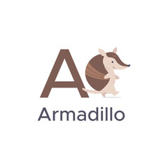 Armadillo from letter A, learning English alphabet cartoon for kids vector illustration