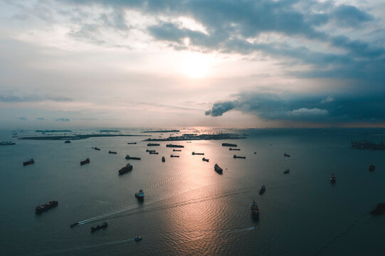 Aerial View of Bukom Island from Sentosa Island in Singapore.