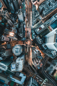 Aerial view of a roundabout in Hong Kong downtown, China.