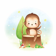 Monkey sitting in wood_Watercolor