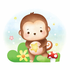 Monkey walking holding star_Watercolor