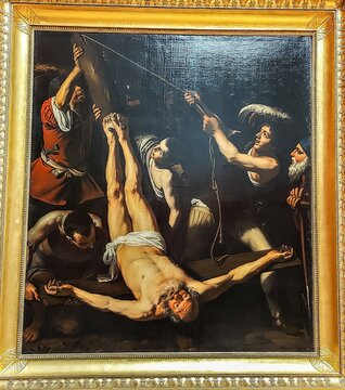 The Crucifixion of Saint Peter by the Italian Baroque master Caravaggio in The State Hermitage, a museum of art and culture in Saint Petersburg, Russia.
