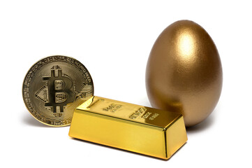 golden egg gold bar bitcoin white background