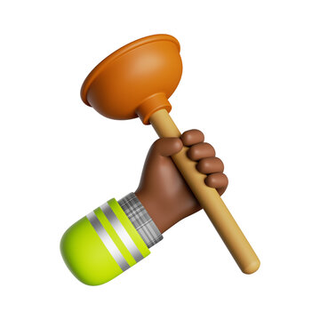 recommend clip art: 3d render, cartoon african human hand with dark skin holds plunger. Professional plumber, construction worker. Toilet cleaning service icon, clip art isolated on white background