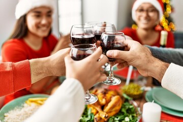 Group of young people smiling happy celebrating christmas toasting with wine at home.