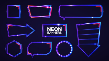 Neon banners set. Vector illustration of abstract glowing neon colored different frames for your design
