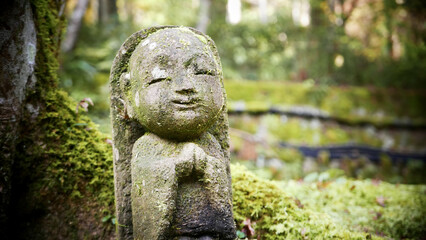 Shallow focus of a mossy stone statue of otagi nenbutsuji