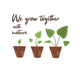 Young plants and seedlings in pots. We grow together with nature. Vector flat postcard, print on a white background