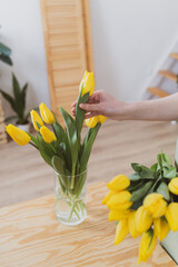 Florist places yellow flowers in a transparent vase. Creation of a composition of yellow tulips. Flower business