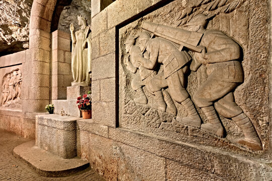 Doss Trento: the underground chapel of Santa Barbara, patron of miners, with the sculptures of the Alpini military units. Trento, Trentino Alto-Adige, Italy, Europe. 